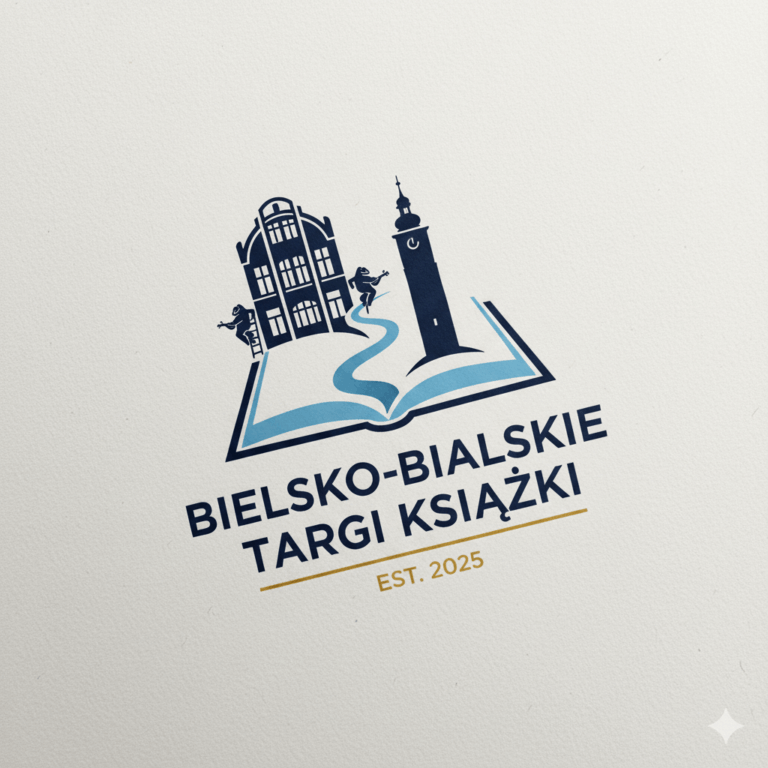 Plakat promujący wydarzenie Bielsko-Bialskie Targi Książki, grafika otwartej książki z architekturą miasta