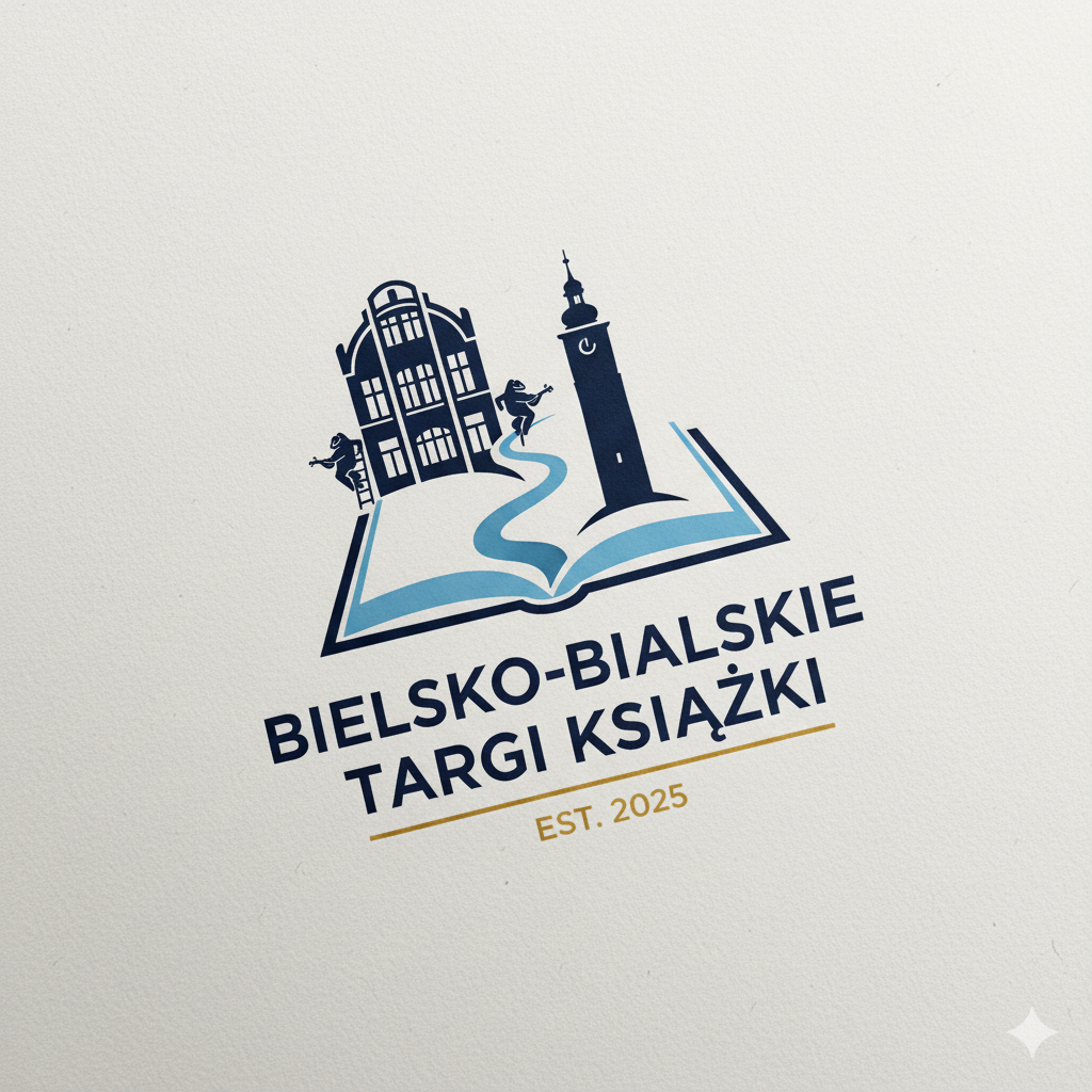 Plakat promujący wydarzenie Bielsko-Bialskie Targi Książki, grafika otwartej książki z architekturą miasta
